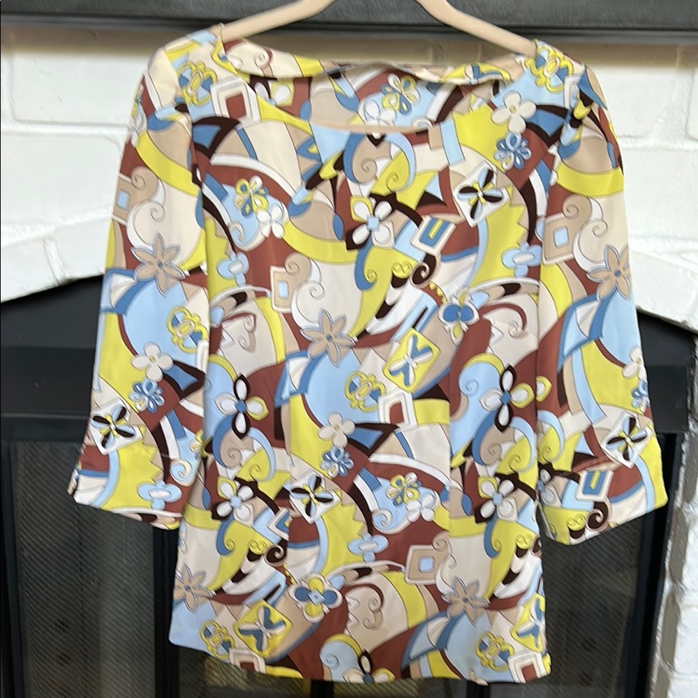 Yellow and Blue Graphic Blouse with 3/4 Sleeves